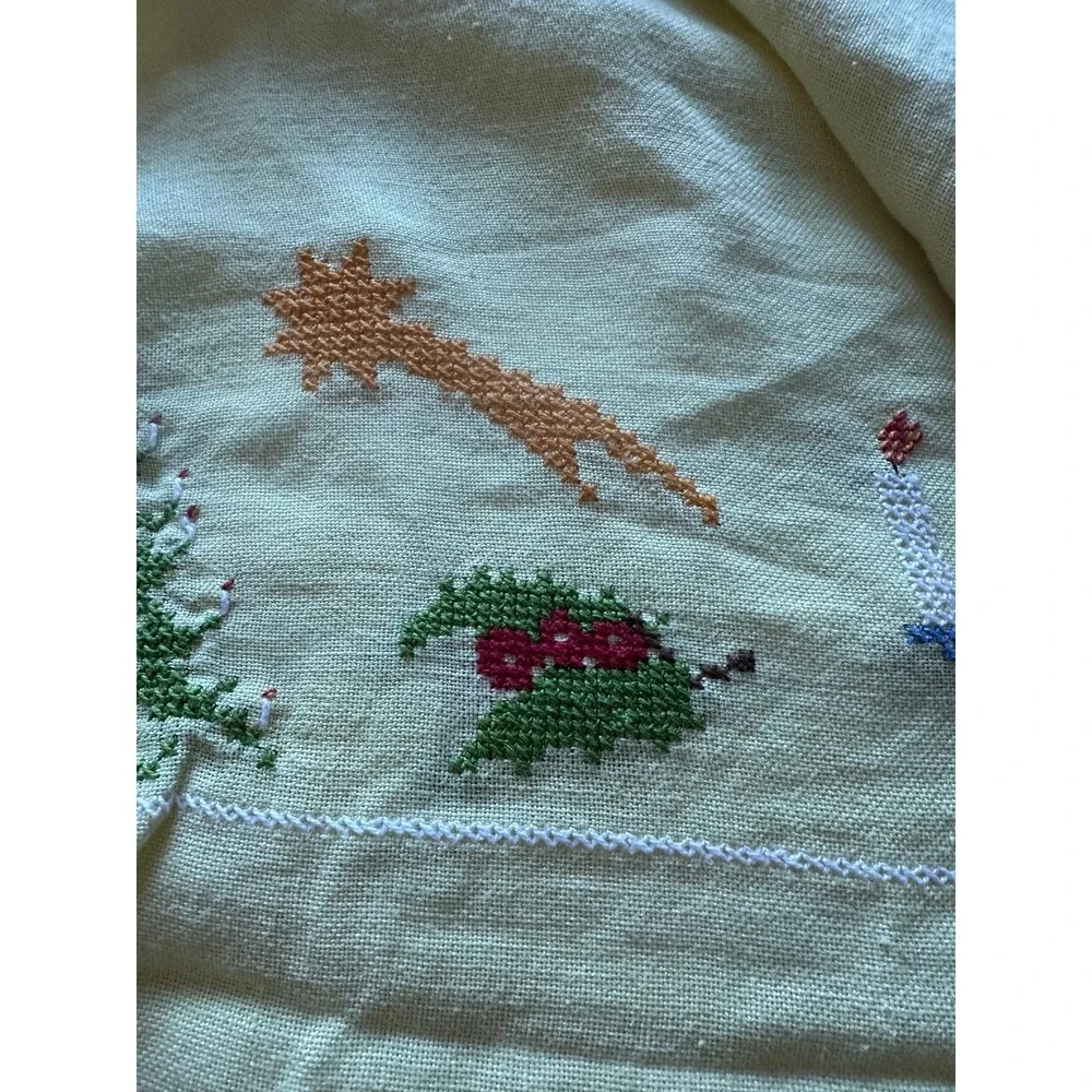 60's Vintage Hand Embroidered Cross Stitched  Christmas Table Cloth with Napkins